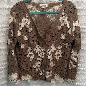 ANDREE BY UNIT Floral Crochet Cardigan in Brown and Cream